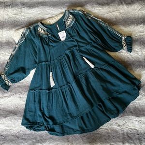Free People Boho Blue Flowy Tunic Top with Tassels and Cream Stitching Detail